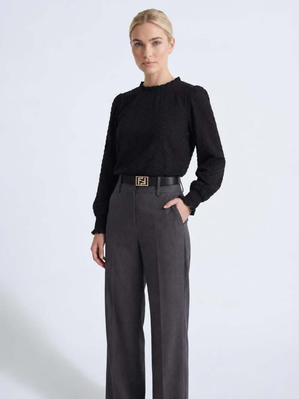 Adrianna Papell Swiss Dot Ruffle Neck Blouse Size L Black